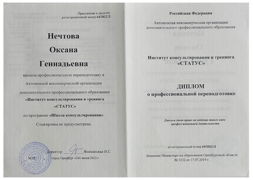 Диплом о профессиональной переподготовке «Школа консультирования» — ИКТ «Статус», 2022